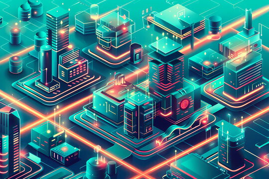 High tech microchip city layout with glowing orange data paths