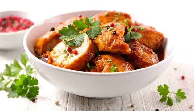 Braised chicken cutlet on the white neat bowl 