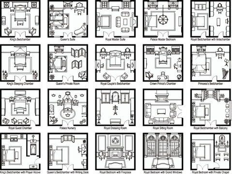 A collection of detailed floor plans showcases the intricate layout of various rooms within a grand palace, each labeled with specific royal designations.