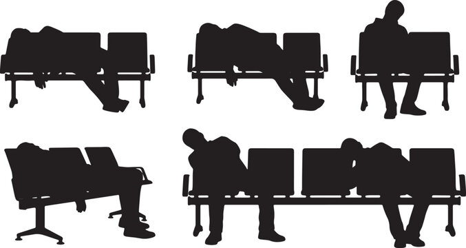 Black Solid Transit Bench Sitting Silhouettes Set of Six on White Background
