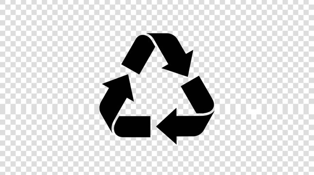 Black recycling symbol icon on transparent grid background.