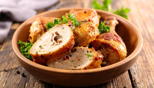 Braised chicken cutlet on the neat wooden bowl 