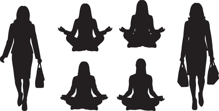 Black Solid Zen Meditation Sitting Silhouettes Set of Six on White Background