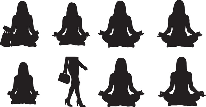 Black Solid Zen Meditation Sitting Silhouettes Set of Six on White Background