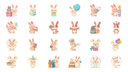 Obraz premium Cute Cartoon Bunny Characters Celebrating Birthdays and Parties