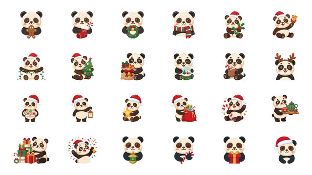 Cute Christmas Pandas Celebrating Winter Holidays Collection Set