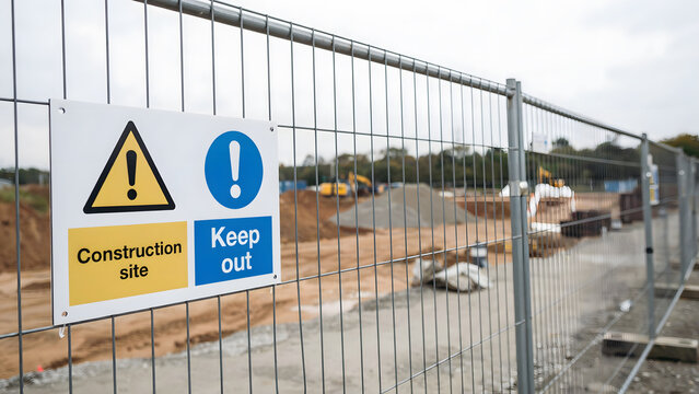 Construction site keep out warning sign on a temporary metal wire fence