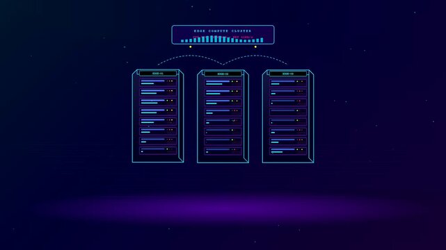 An animated visualization of a modern edge computing network with pulsing data indicators on server racks operating in a dark cyber security datacenter.