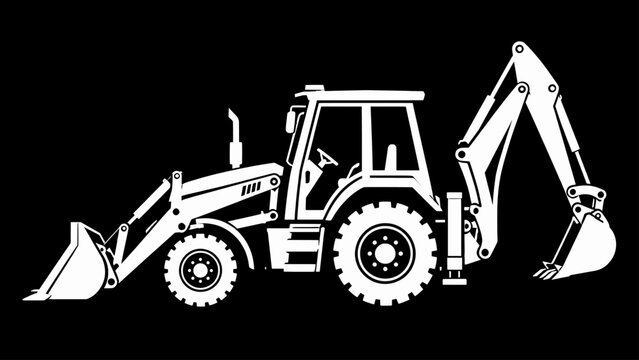 Backhoe loader silhouette with front bucket and backhoe arm ? construction equipment vector on black background