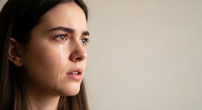 Woman cries with a single tear rolling down her sad facial cheek.