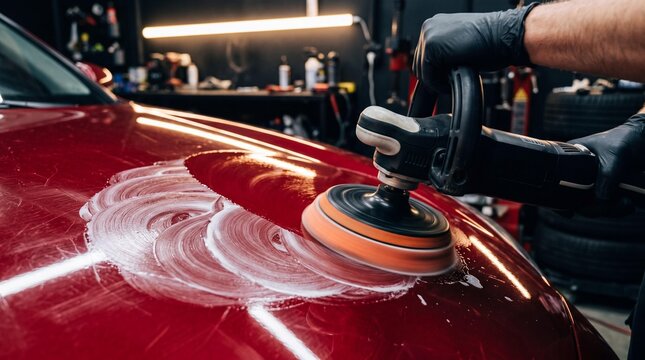 Professional car detailing worker polishing red paint with buffer machine