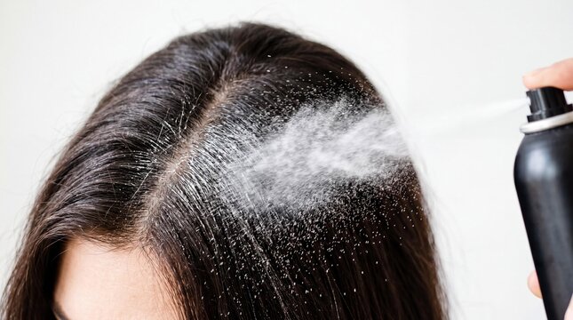 Woman spraying dry shampoo onto dark hair roots to refresh and absorb oil