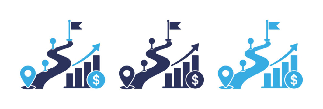 Business growth roadmap icons with financial charts and success flags for strategic planning.
