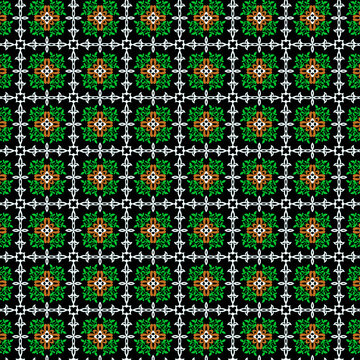 Checkered, criss - cross pattern Small decorative plant, floral, botanical, natural elements on a black background