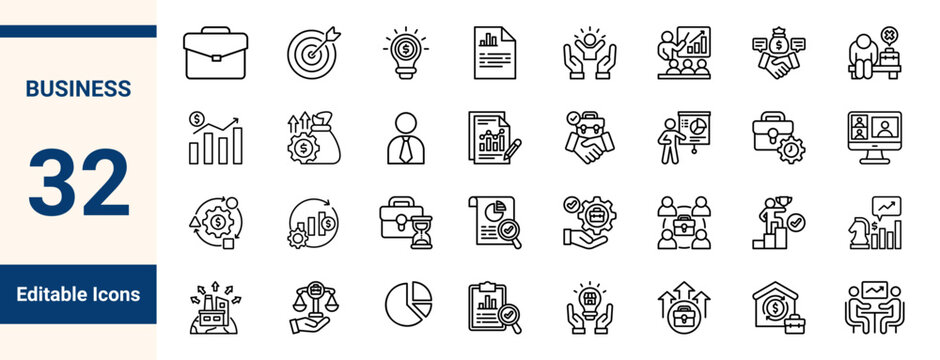 Business outline icon set. Symbol of finance, analytics, growth, strategy, management, teamwork and office concepts. Clean line vector collection with editable stroke
