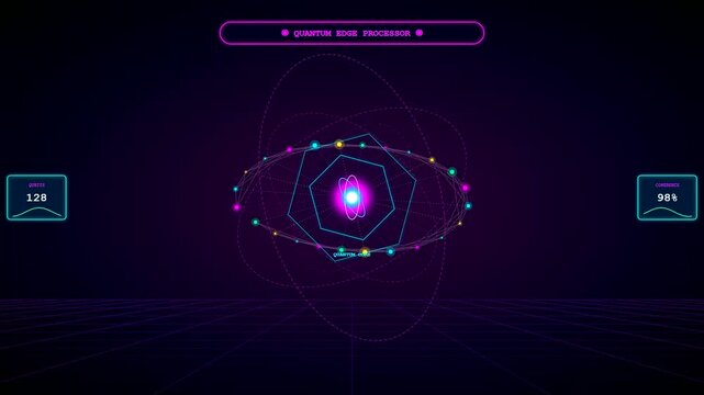 A futuristic representation of an edge computing network operating through a rotating quantum core visualization with cybernetic telemetry data spinning on a dark grid backdrop