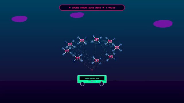 An animated concept showing an edge computing network where a drone swarm communicates seamlessly with a mobile ground control vehicle against a dark background