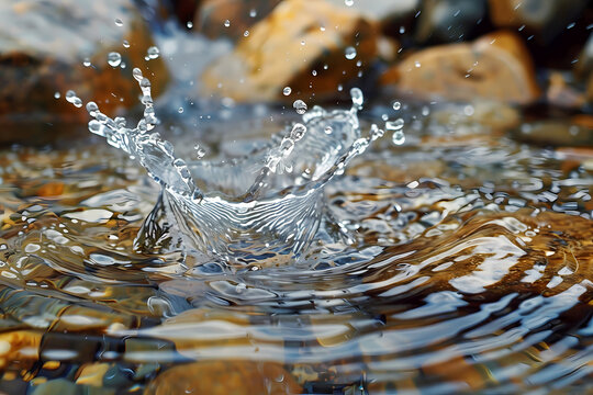 Dynamic water splash on colorful pebbles in a shallow river