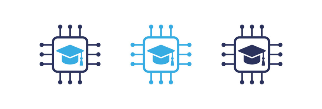 Artificial intelligence education icons featuring graduation cap on computer microchip processor.