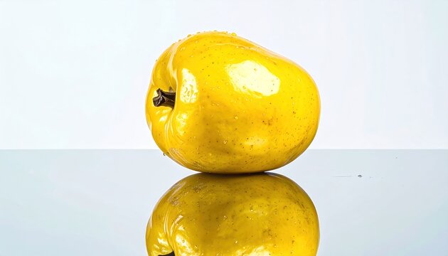 Bright yellow, misshapen fruit with a stem sits on a glossy surface, reflecting