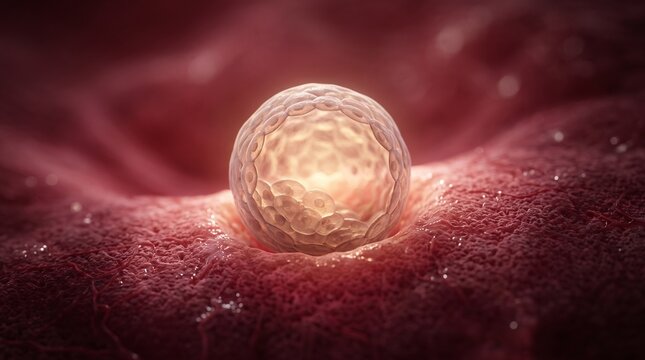 Witness the miracle of life! This hyper-realistic microscopic view reveals a 1 to 2-week-old human embryo (blastocyst) glowing warmly as it begins implanting into the uterine lining.