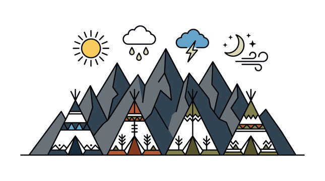 Mountain range illustration with teepees and weather condition symbols.