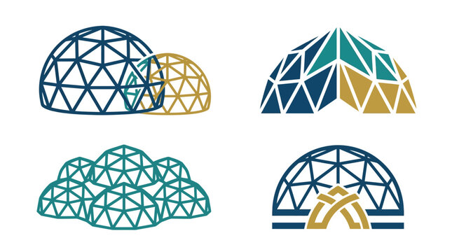 Multiple geodesic glamping dome designs in different colors.