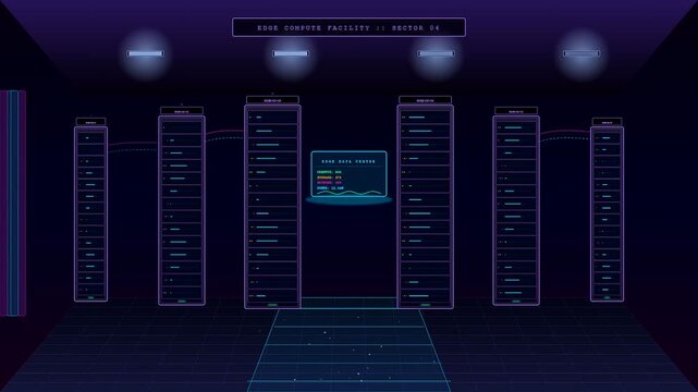 A futuristic edge computing network animation showing glowing digital data packets flowing across the dark grid floor of a high tech server room.