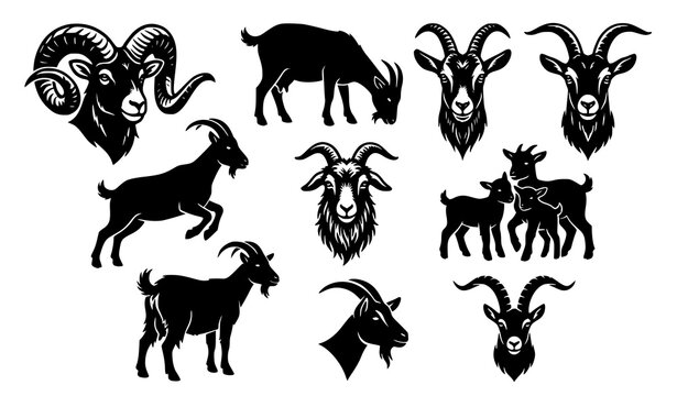 Black goat silhouette collection with head and body