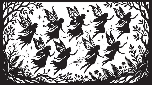 Whimsical fairy silhouettes, mystical forest scene, black and white vector, fairy illustration set