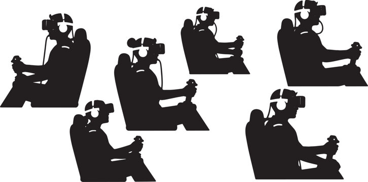 Black Solid VR Flight Simulator Training Silhouettes Set of Six on White Background