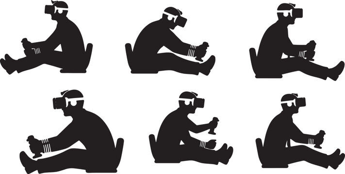 Black Solid VR Flight Simulator Training Silhouettes Set of Six on White Background