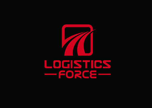 Logistics Force logo design, red road and highway symbol on black background, professional transportation and freight company branding vector