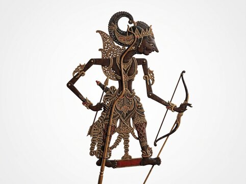 Traditional Javanese Wayang Kulit Shadow Puppet Archer Character Craftsmanship Isolated on White Background