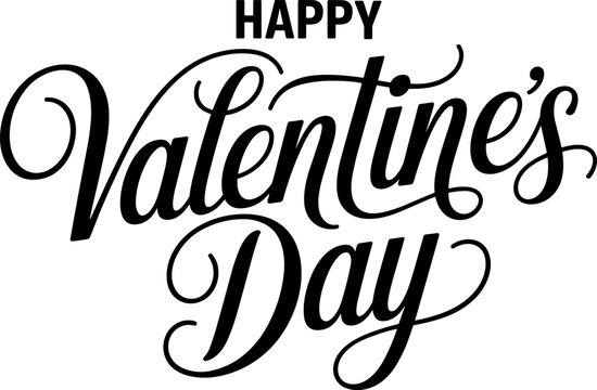 Happy Valentines Day typography vector design featuring elegant black script calligraphy handwriting isolated on a clean white background
