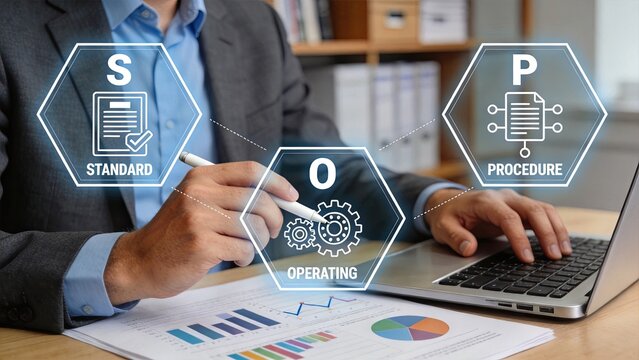 Standard operating procedure concept with businessman working on laptop