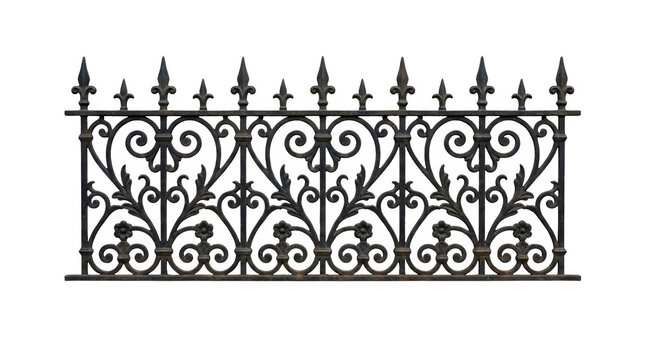 Vintage wrought iron fence with ornate scrollwork, decorative black metal railing section, antique Victorian style garden gate border on white