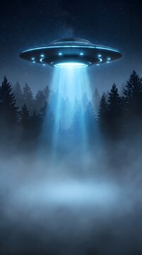 World UFO Day Vertical Poster with Flying Saucer Above Misty Pine Forest at Night Copy Space