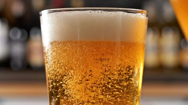 Close-up of golden beer pouring into a glass with a foamy head and condensation on the sides