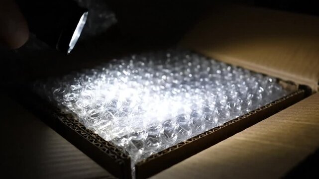 Examining bubble wrap in a cardboard box with a flashlight revealing the packing material