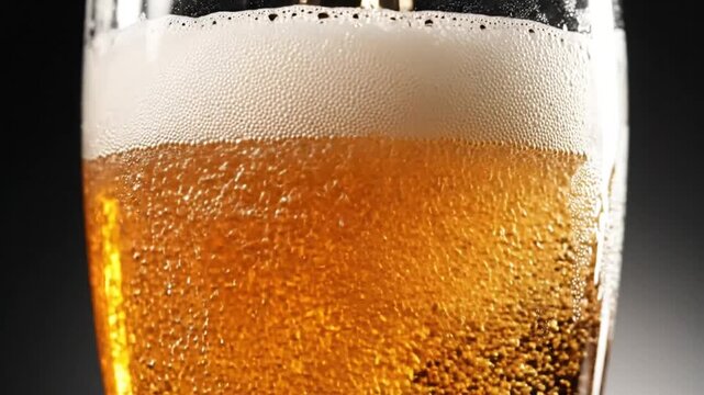Close-up of golden beer being poured into a tall glass with foamy head and bubbles against a dark background.