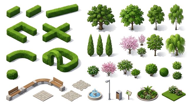 Isometric garden elements collection greenery trees bushes and outdoor furniture