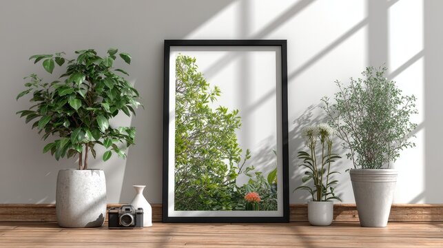 Black wooden thin poster frame portrait DIN A2 on off-white background with vibrant green interior, realistic natural lighting, minimal modern home decor and interior styling concept