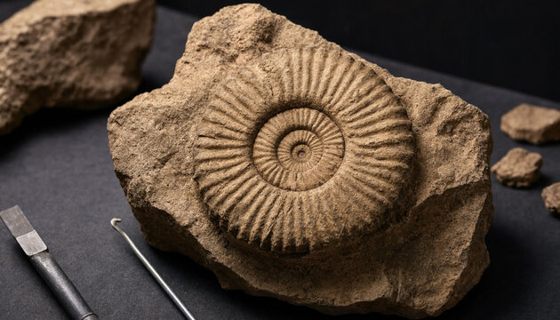 An ammonite fossil embedded in a rough brown rock with a metal chisel and a small hook tool placed on a dark surface for paleontological study