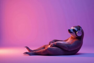 Obraz premium A relaxed sloth enjoys listening to music with over-ear headphones in a vibrant purple studio setting.