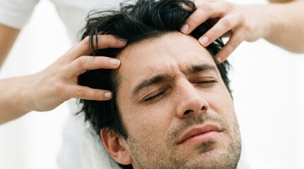 Naklejka premium Close-up man head his eyes closed of man's pained expression as hands massage scalp