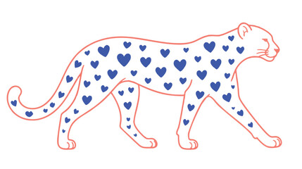 Stylized cheetah silhouette filled with small blue hearts and outlined in coral on a white background © Amirul