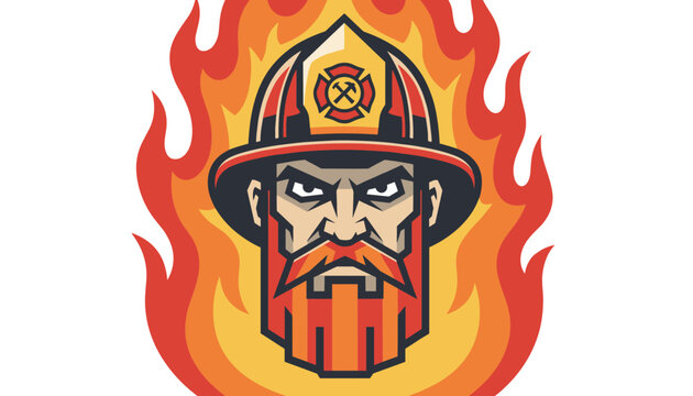 Tough firefighter character with a beard and protective helmet surrounded by flames representing courage and fire safety on white.