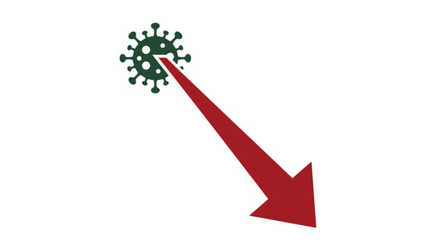 Abstract illustration of a virus cell being hit by a red downward arrow signifying reduction or control of the viral infection.