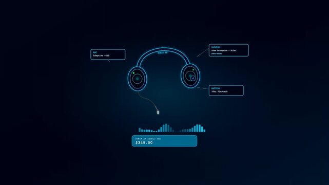 A futuristic UI overlay demonstrating augmented reality shopping as holographic specifications and a price tag animate onto a glowing pair of blue headphones.